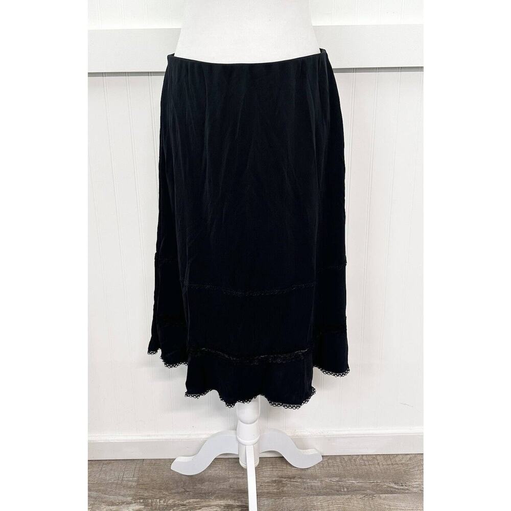 J Jill Midi Skirt Large Black Pull On Slinky Slip Lace Trim Lightweight 90s
